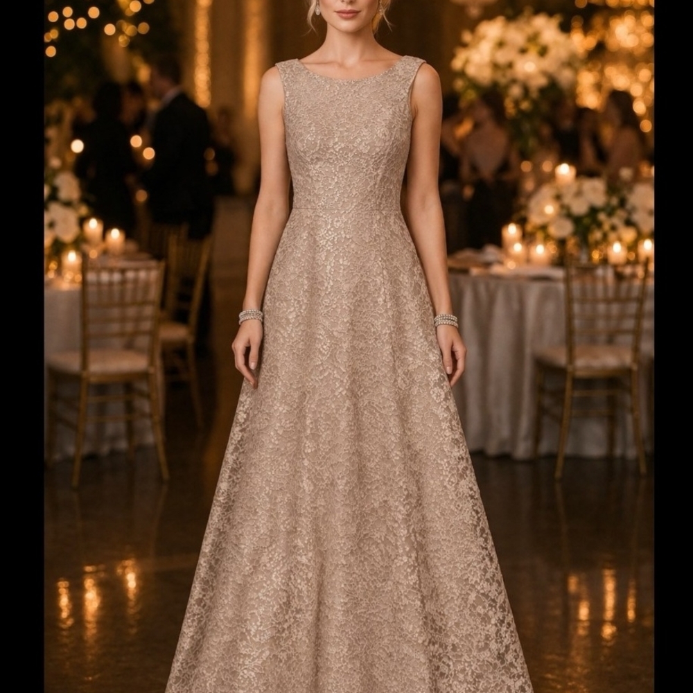 Jessica Howard Sleeveless Lace A-Line Gown in Champagne
